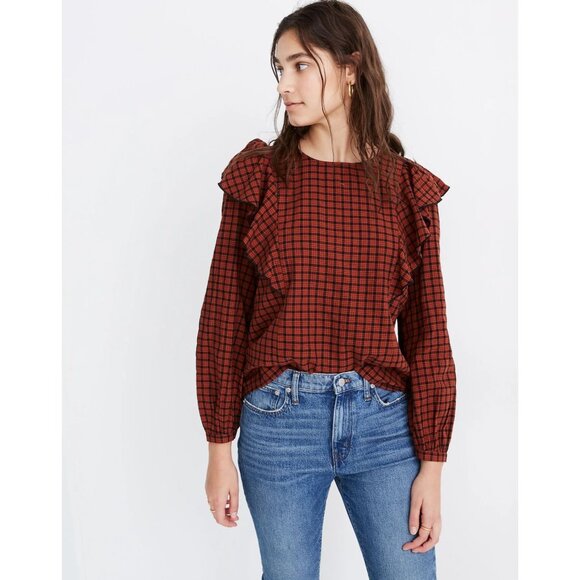 Madewell women's small orange rust ruffle-front‎ top in plaid long sleeve blouse - Picture 1 of 7